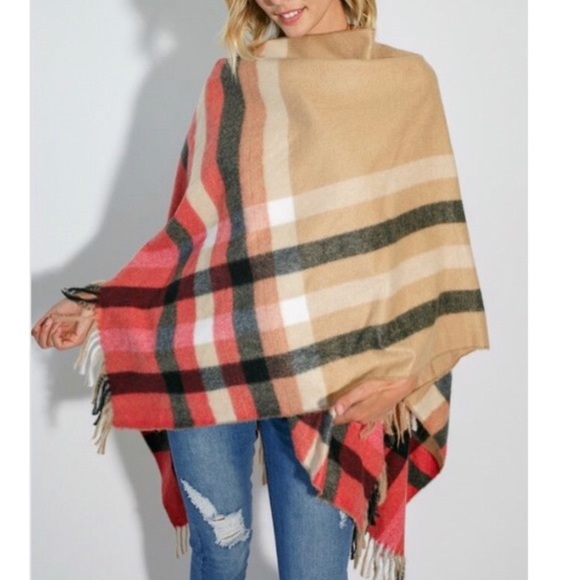 SOLD OUT Multi Color Plaid Fringe Faded Cape Shawl Poncho - Picture 4 of 6